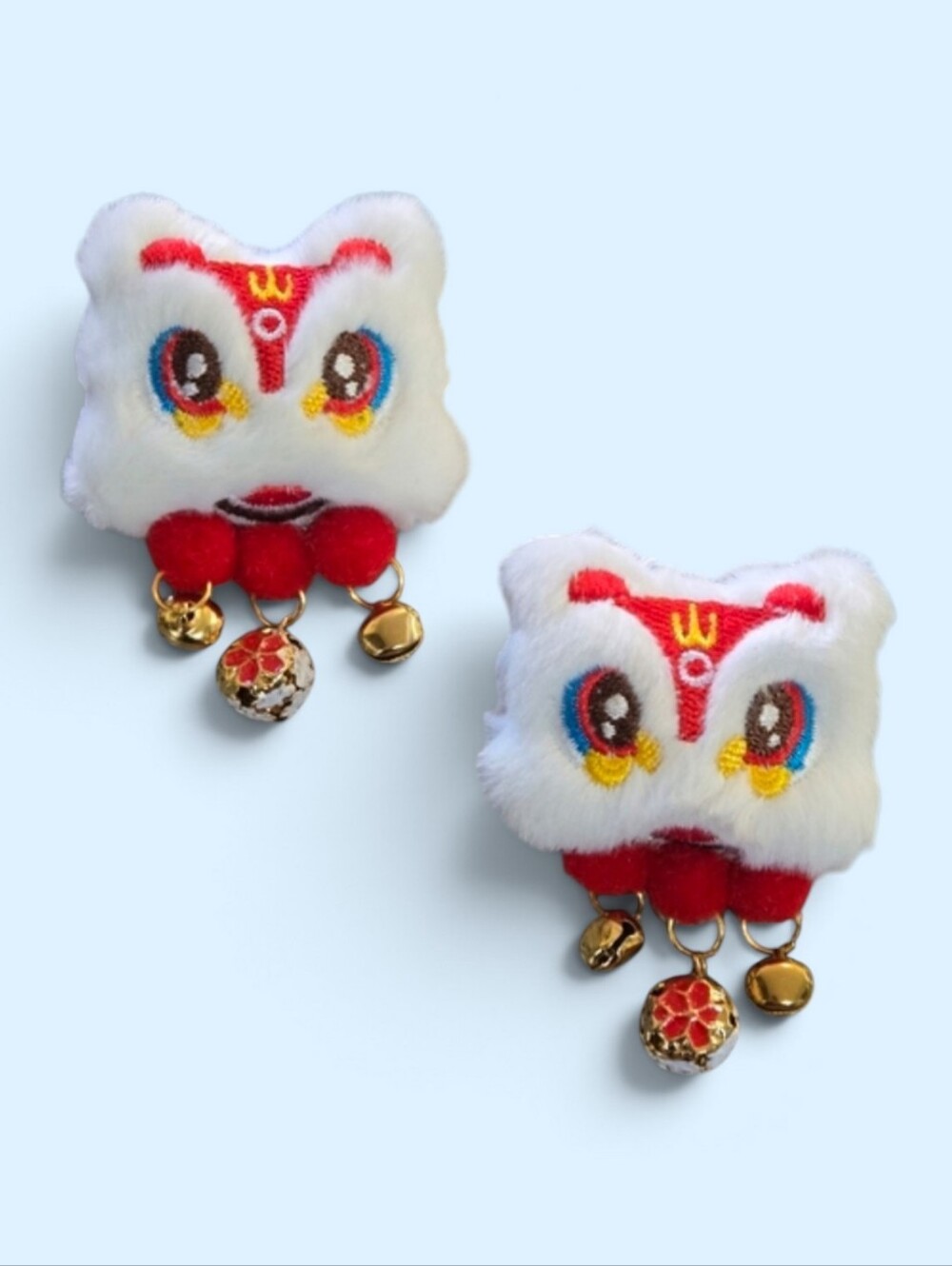 White and Red Embroidered Lion Dance Hair Clips
